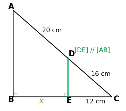 Tri&acirc;ngulo rect&acirc;ngulo ABC com o segmento DE paralelo a AB; CE mede 12 cm, CD 16 cm, DA 20 cm e BE &eacute; x