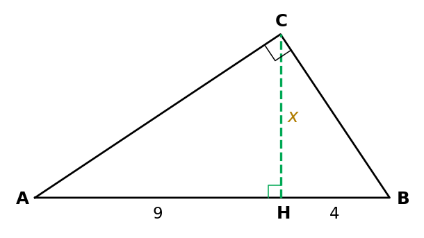 Tri&acirc;ngulo ABC rect&acirc;ngulo em C, com a altura x desde C at&eacute; &agrave; hipotenusa AB, que fica dividida em segmentos de 9 e 4
