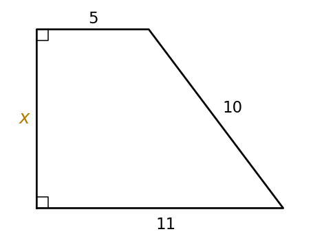 Trap&eacute;zio rect&acirc;ngulo com base menor 5, base maior 11, lado obl&iacute;quo 10 e altura x